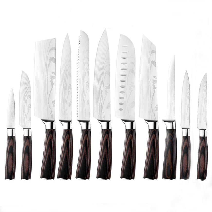 11-Piece Japanese-Style Knife Set with Damascus-Pattern Finish