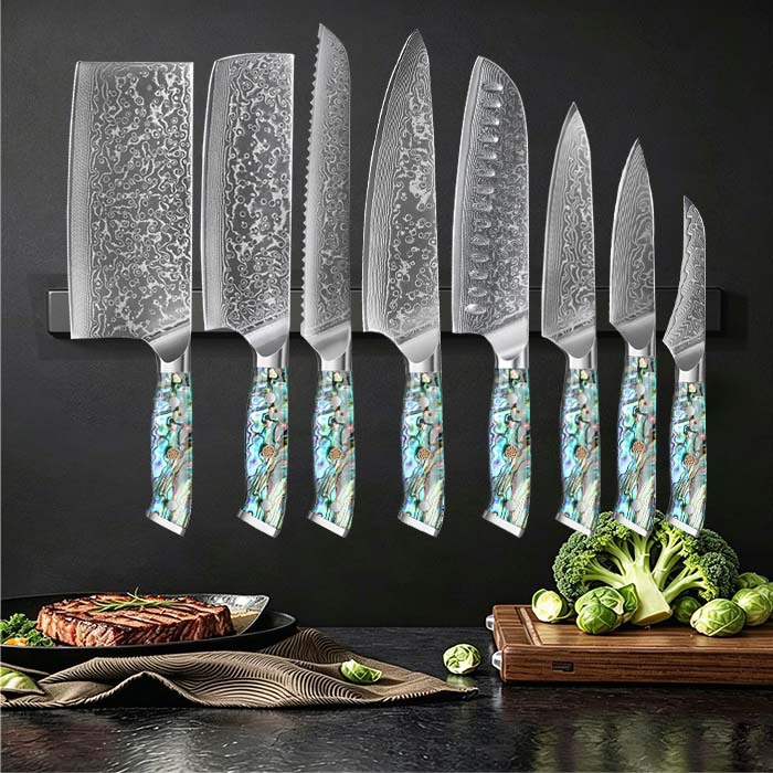Damascus Kitchen Knife Series with Shell Handles — 8 Profiles