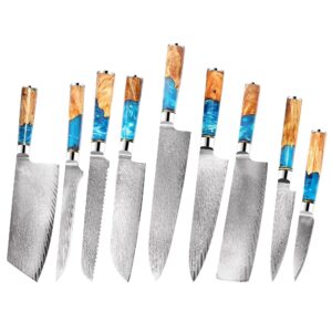 Damascus Knife Series with Blue Resin Handles — 9 Profiles